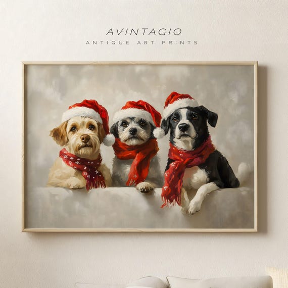 Cute Santa Dog Family Portrait Print Muted Holiday Season Poster Antique White Winter Gallery Artwork Vintage Snowy Cottagecore Painting