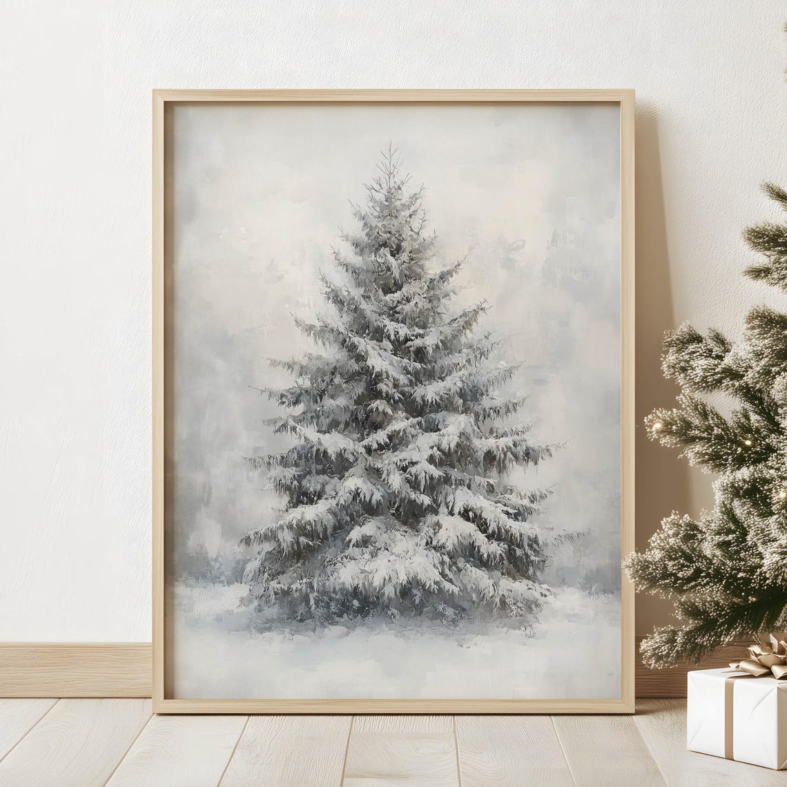 Snow Covered Evergreen Tree Muted Winter Christmas Art Poster - Image 2
