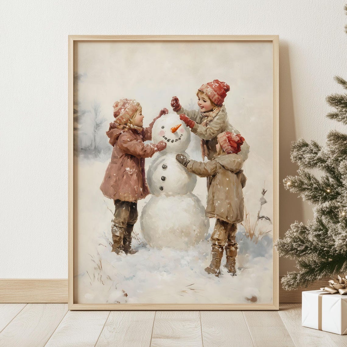 Children Building Snowman Vintage Winter Christmas Art Poster - Image 2