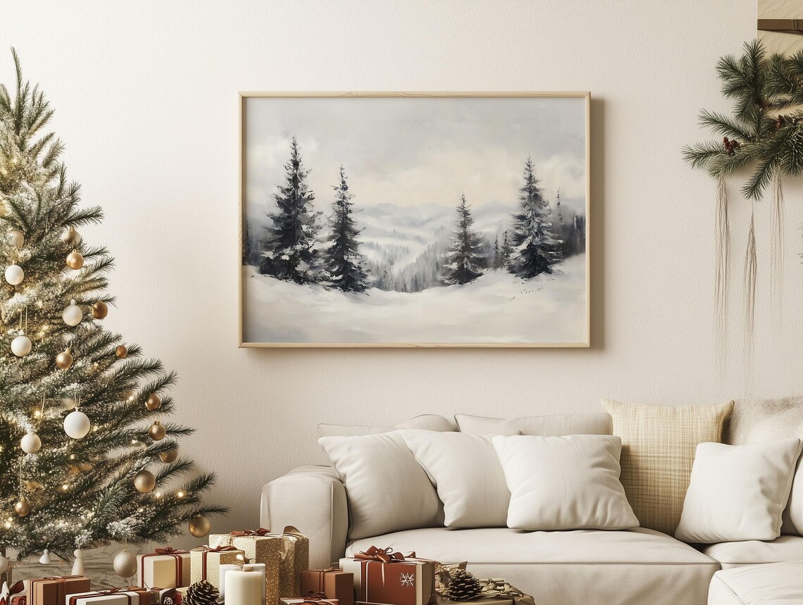 Minimalist Snowy Pine Forest Mountains Soft Winter Painting Poster - Image 2