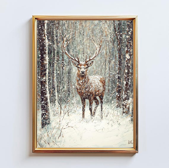Nordic Stag 3d Impasto Painting Snowy Forest Print
