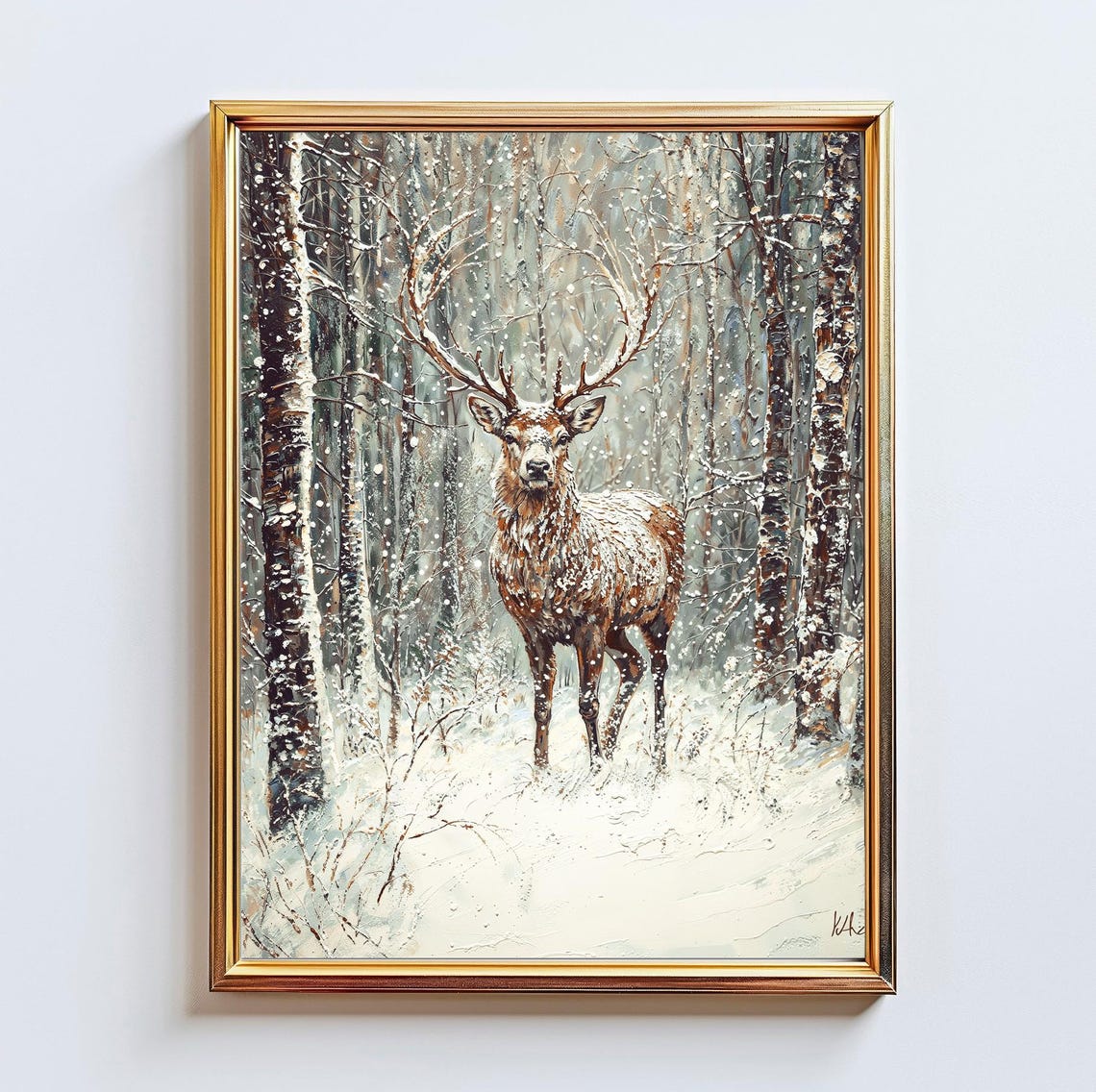 Nordic Stag in Snowy Birch Forest Winter Wildlife Impasto Poster