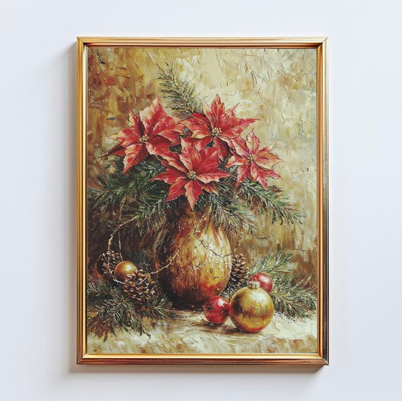 Poinsettia Christmas Bouquet Golden Still Life Holiday Poster