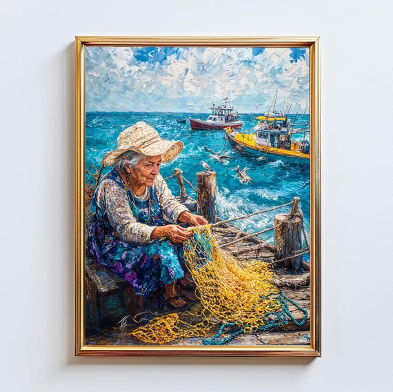 Ecuador Coastal Fisherwoman Pacific Ocean South America Impasto Painting File