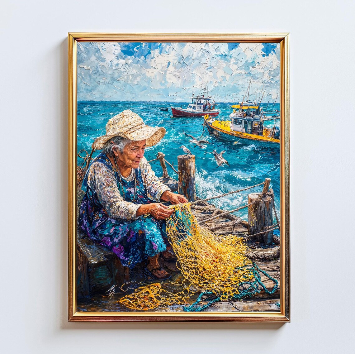Fisherwoman Mending Net On Dock Fishing Boats Impasto Oil Painting Print