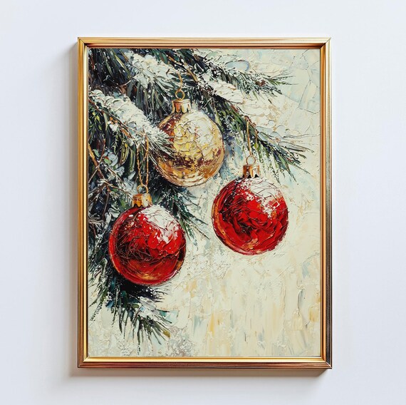 Red Gold Christmas Ornaments Snowy Pine Branches Impasto Art Poster