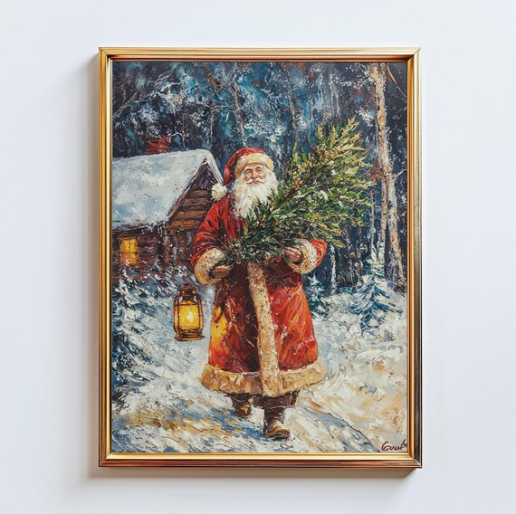 Santa Claus Carrying Evergreens Lantern Snowy Forest Old World Art Print