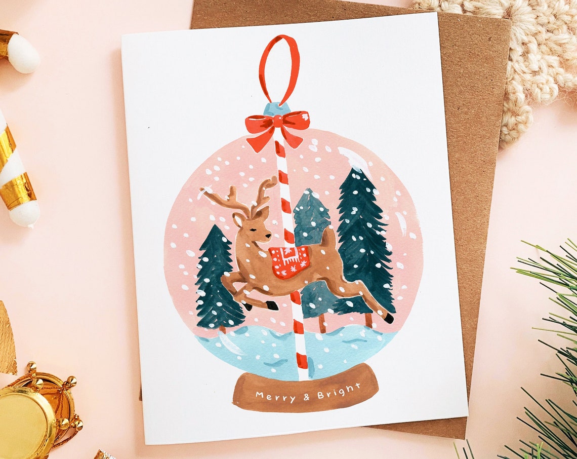 Reindeer Snow Globe Ornament Merry And Bright Christmas Card Print
