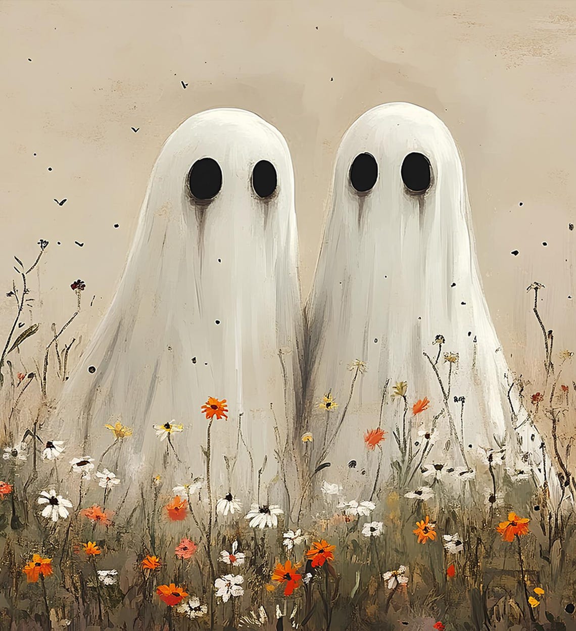 Vintage Cute Ghosts In Wildflower Meadow Print Moody Ghosts Autumn Decor Spooky Halloween Fall Painting Wall Art - Image 3