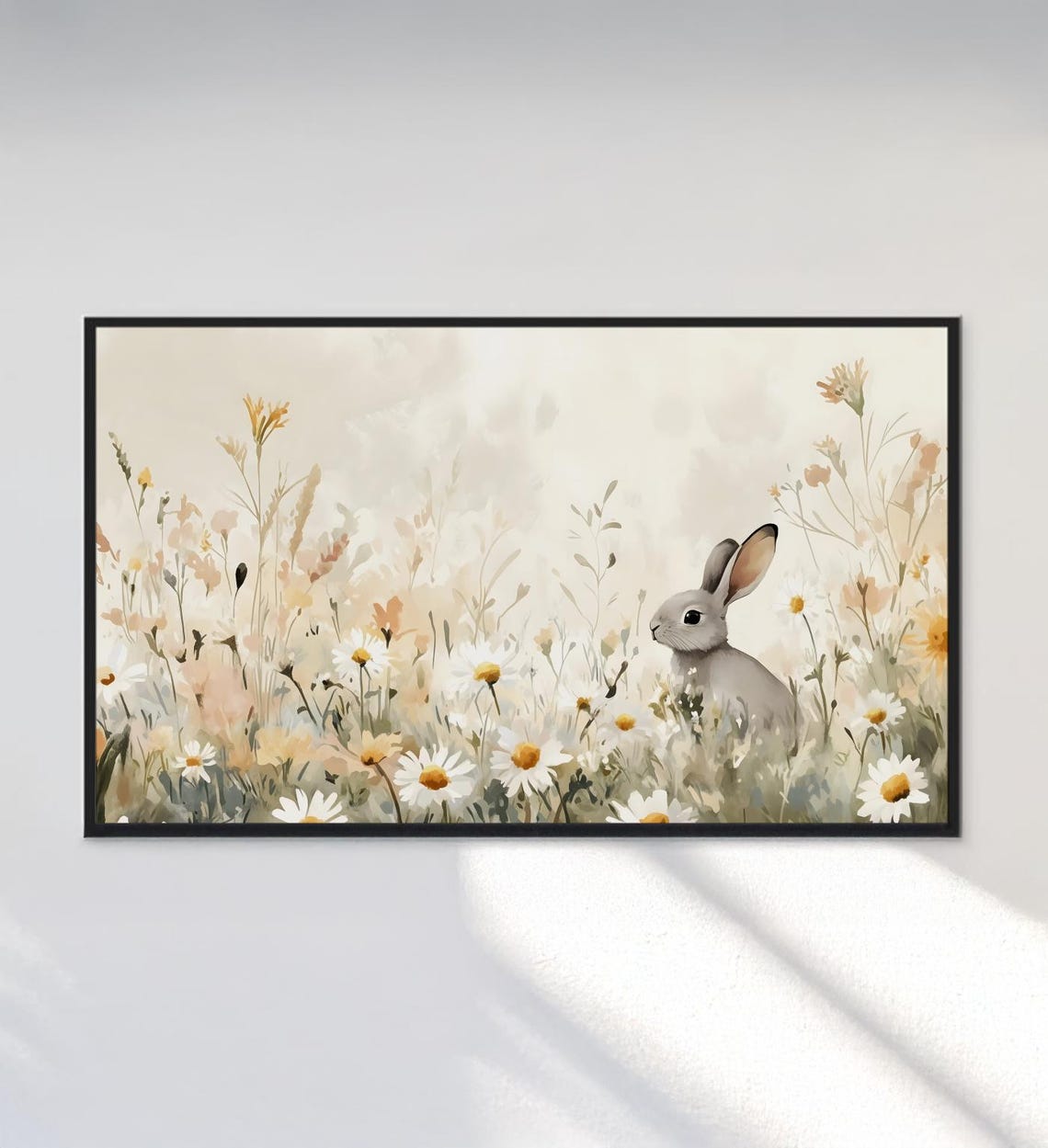 Gray Bunny Daisies Wildflower Meadow Watercolor Nursery Art Poster - Image 3