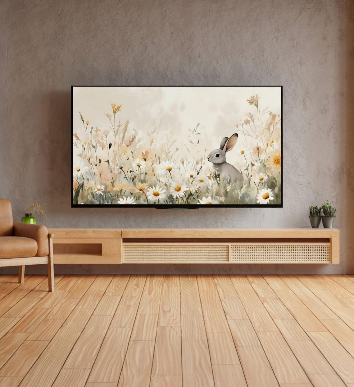 Gray Bunny Daisies Wildflower Meadow Watercolor Nursery Art Poster - Image 4