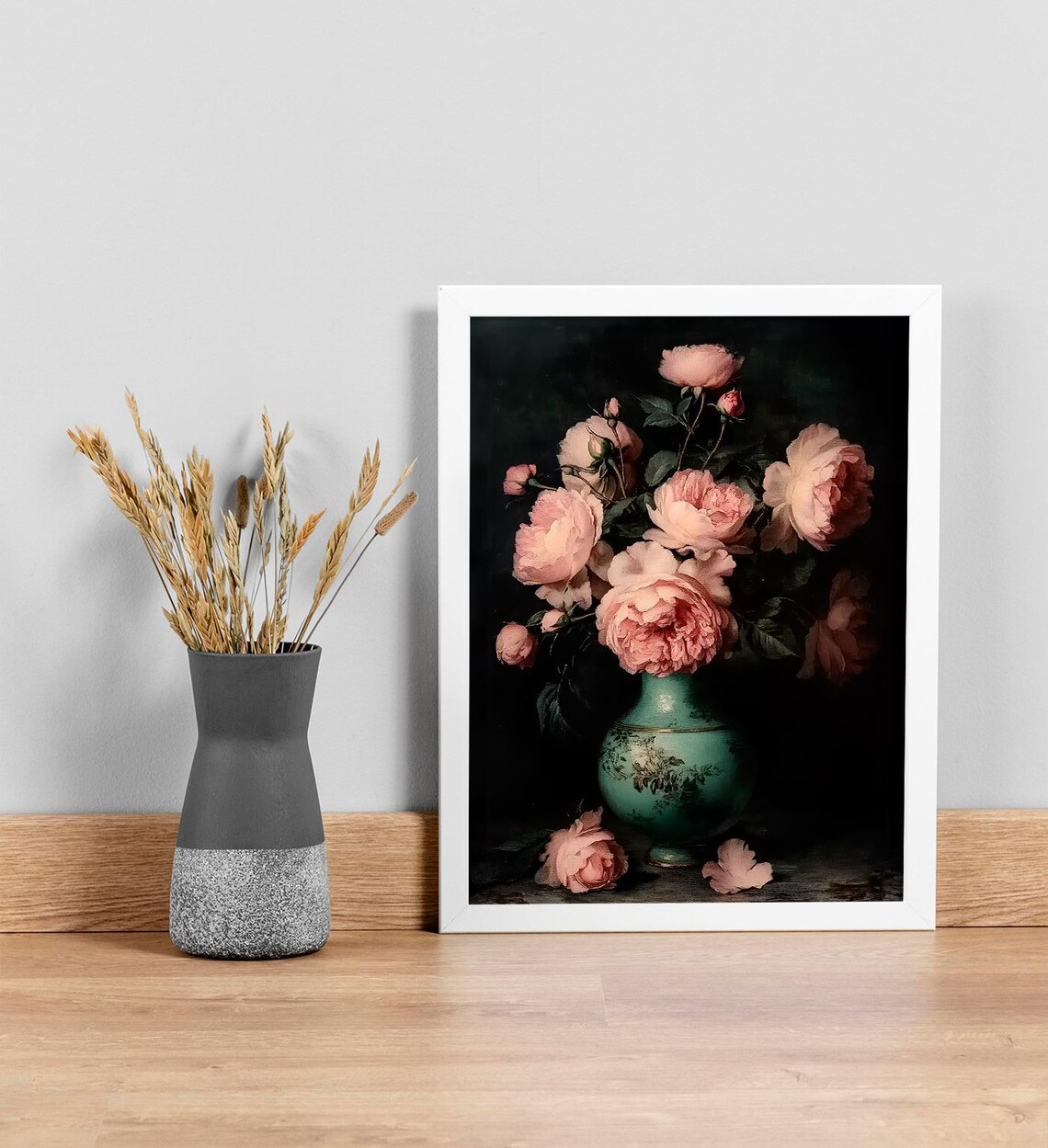 Moody Pink Roses Green Vase Dark Floral Still Life Vintage Art Poster - Image 3