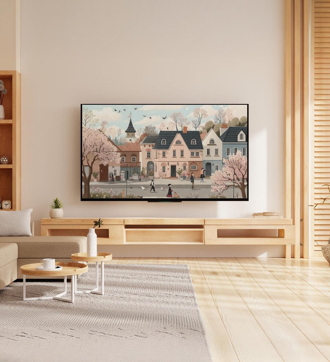 Pink Cherry Blossom Village Street Spring European Town Art Poster - Image 7