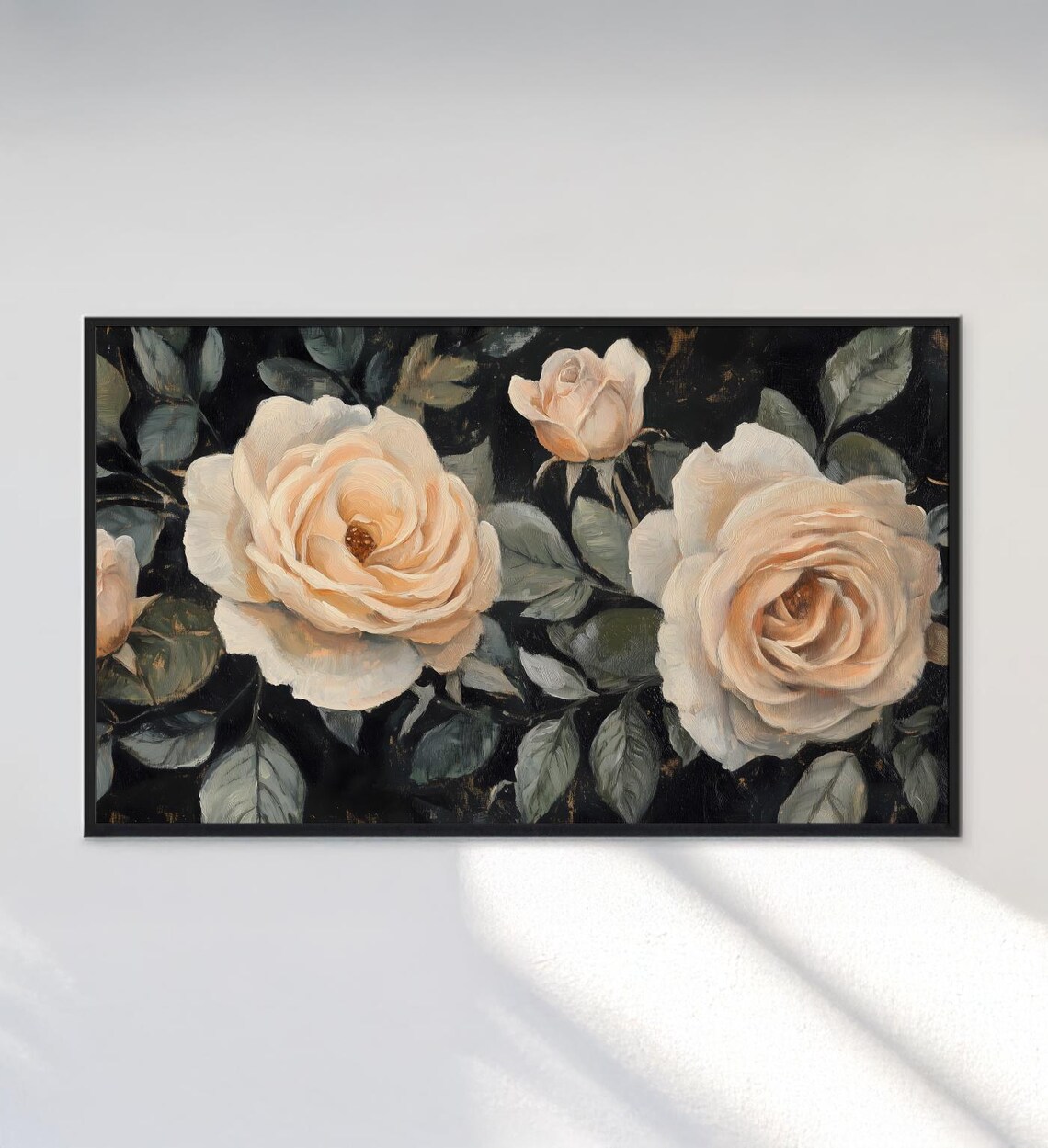 Dark Moody Cream Roses Vintage Floral Oil Painting Romantic Art Poster - Image 3