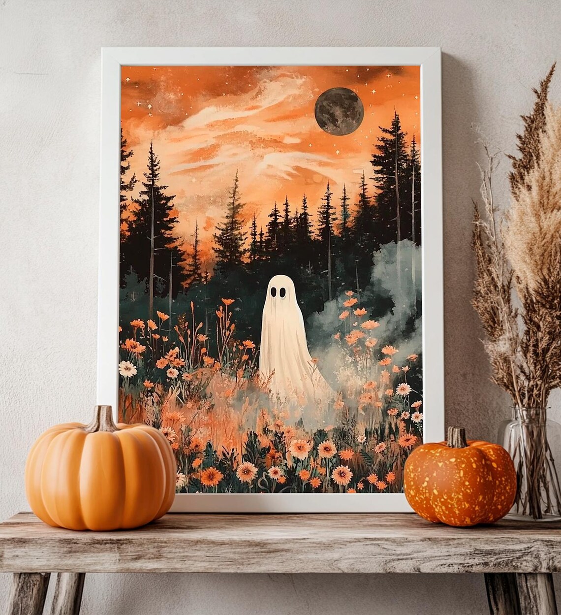 Ghost In Enchanted Wildflower Forest Meadow Moonlit Halloween Art Print