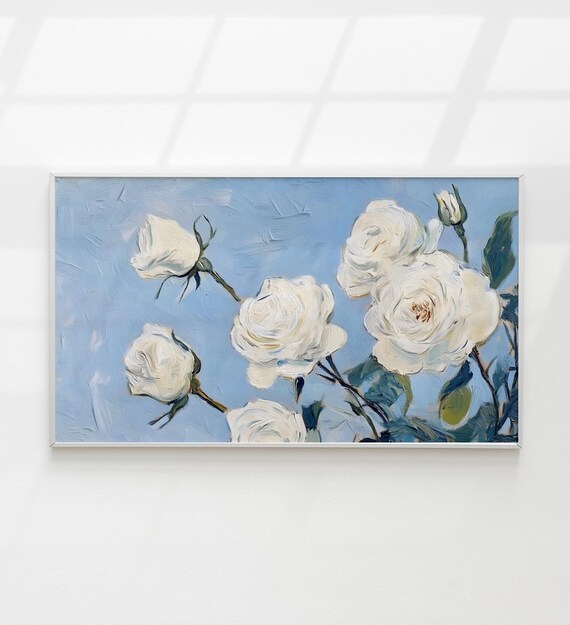 White Roses On Blue Sky Branch Textured Floral Oil Painting Art Poster