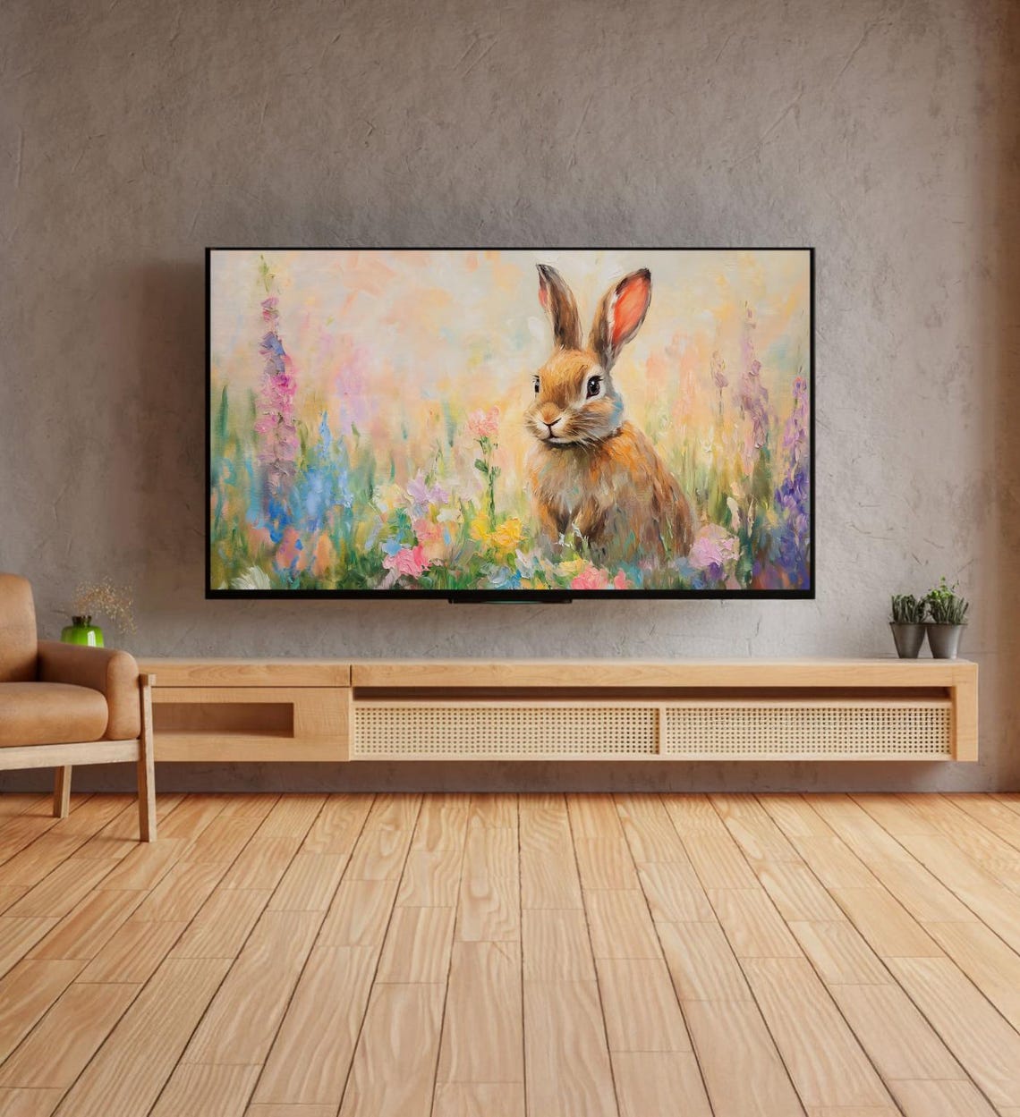 Cute Bunny Rabbit Colorful Wildflower Meadow Easter Painting Poster - Image 4