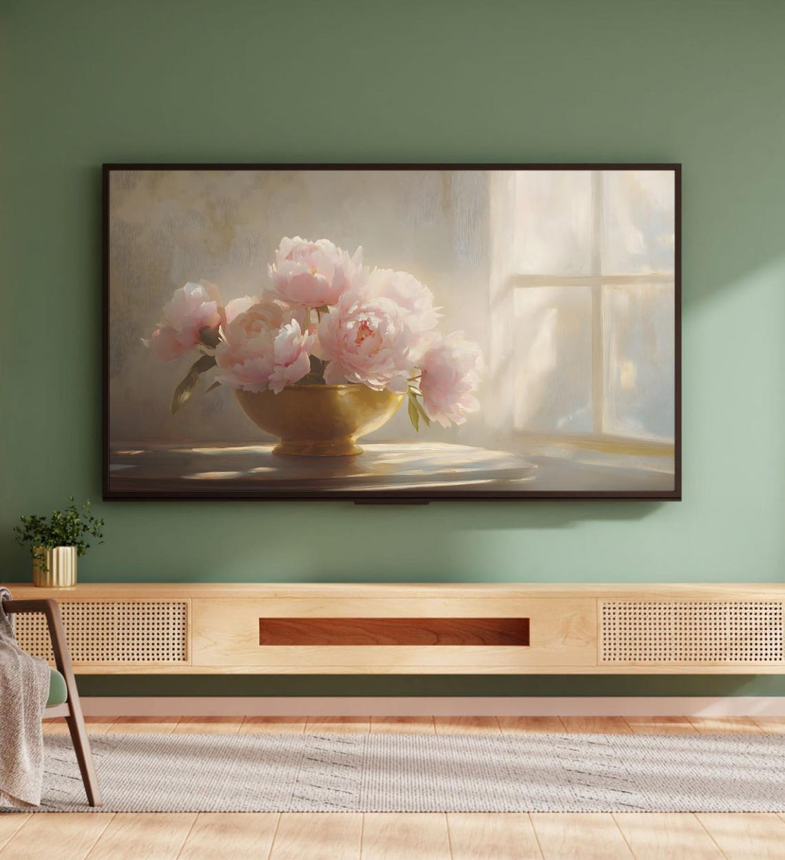 Pink Peonies Golden Bowl Sunlit Window Still Life Painting Poster - Image 5