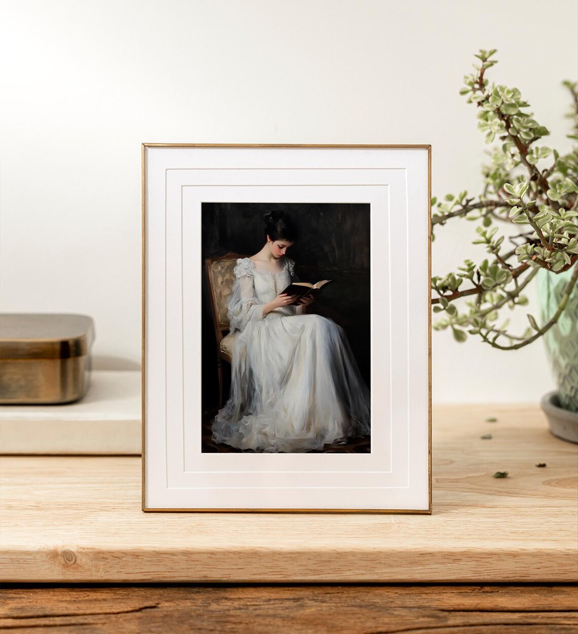 Vintage Woman Reading Book White Dress Classical Oil Painting Art Poster - Image 5