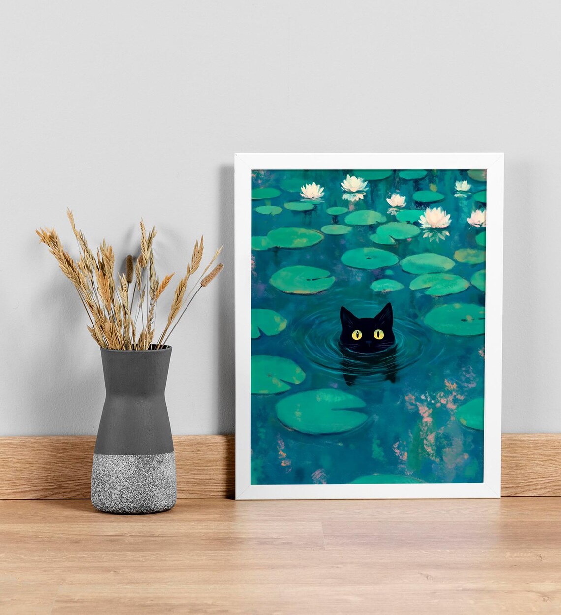 Monet Water Lily Pond Black Cat Peeking Out Funny Cat Art Print Poster - Image 3