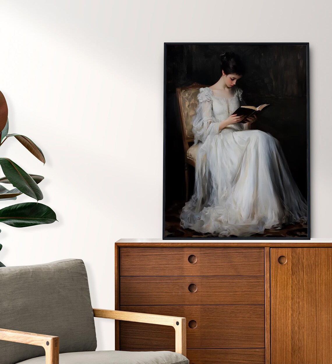 Vintage Woman Reading Book White Dress Classical Oil Painting Art Poster - Image 6