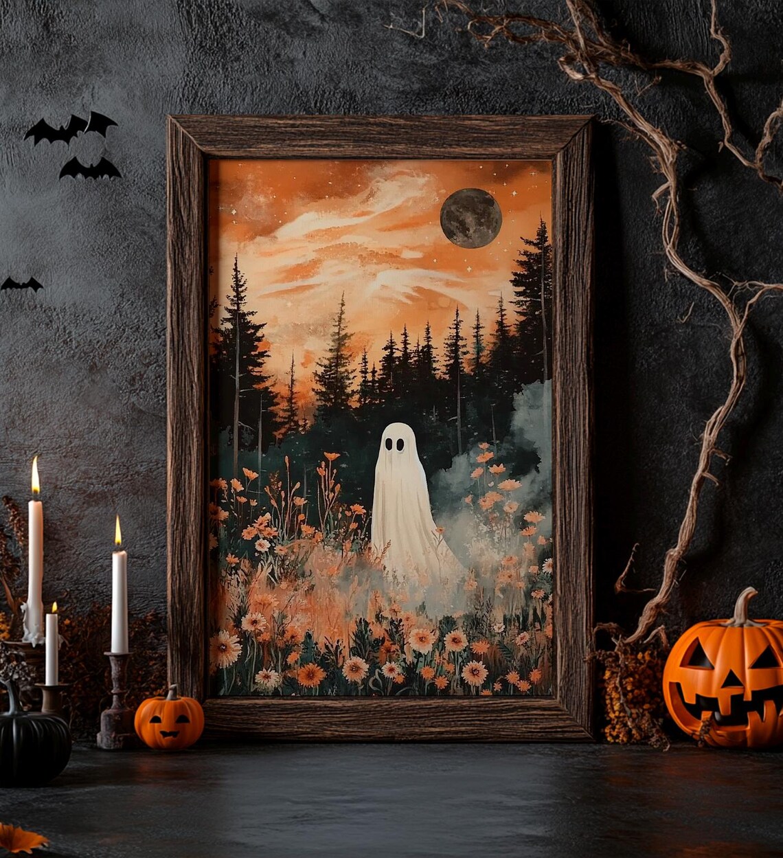 Ghost In Enchanted Wildflower Forest Meadow Moonlit Halloween Art Print - Image 6
