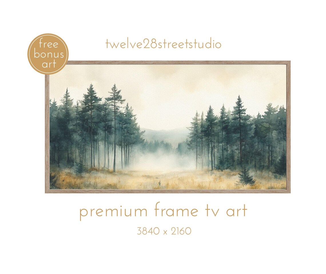 Christmas Pine Forest Clearing Watercolor Foggy Golden Meadow Poster