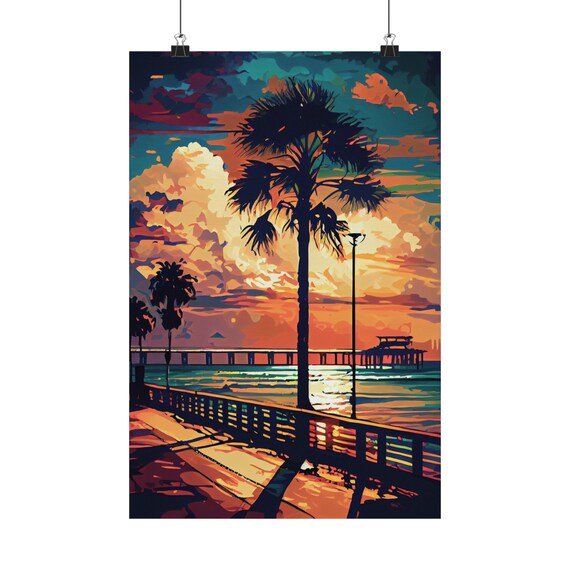Florida Beach Pier Sunset Palms Vintage Style Colorful Ocean Poster