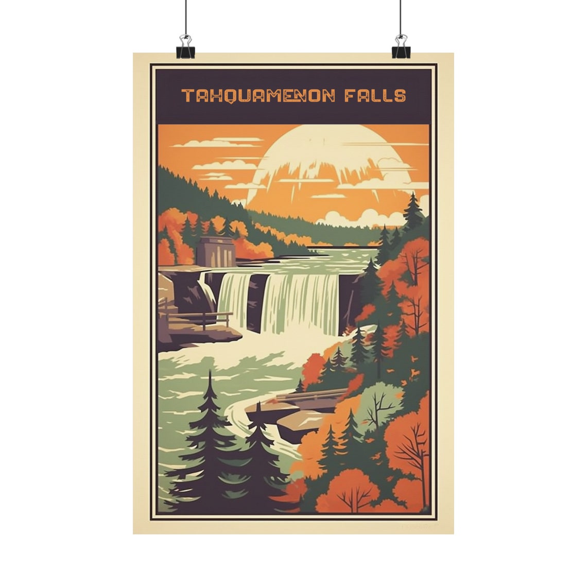 Tahquamenon Falls Autumn Waterfall Vintage Michigan Travel Poster