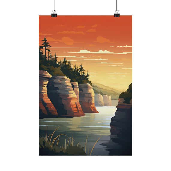 Dramatic Sunset Cliffs Over Golden Lake Vintage Travel Poster