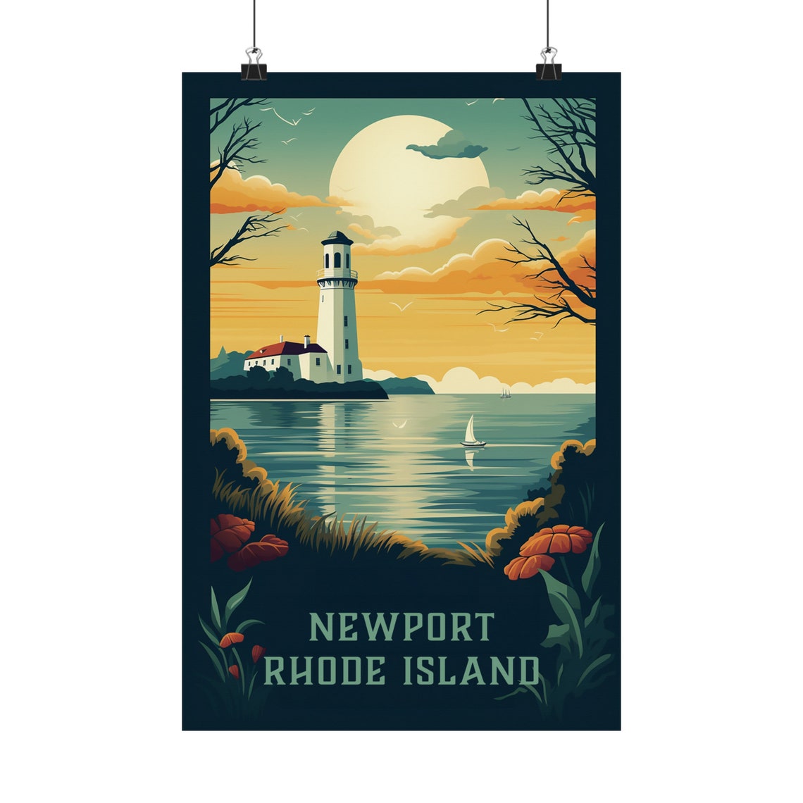 Newport Rhode Island Lighthouse Sunset Sailboat Vintage Travel Poster