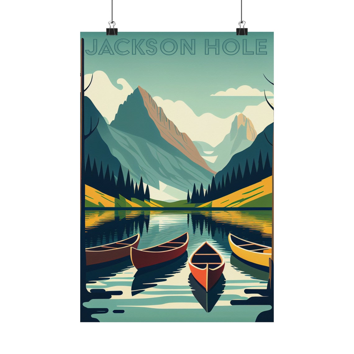 Jackson Hole Vintage Travel Poster Canoes Mountain Lake Retreat