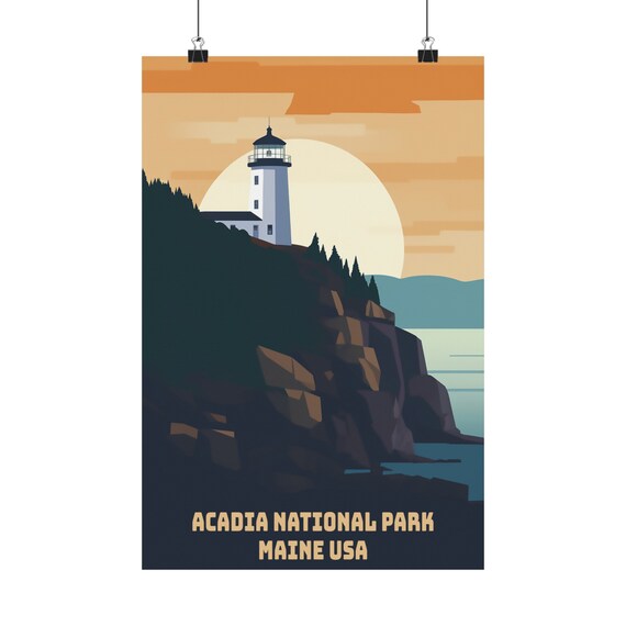 Acadia National Park Maine Lighthouse Retro Coastal Travel Art Poster