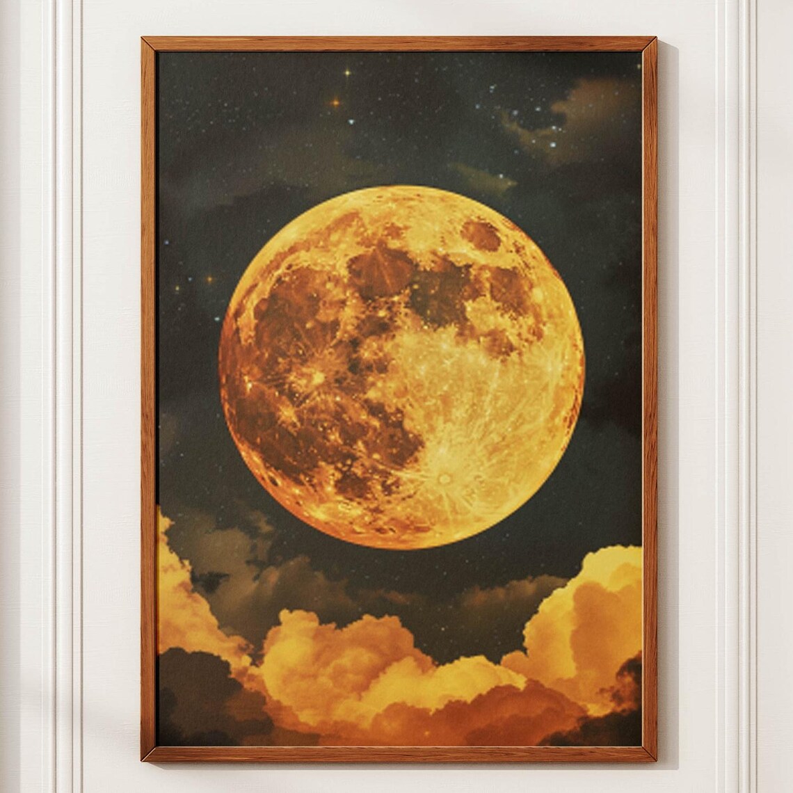 Huge Orange Full Moon Over Glowing Amber Clouds Night Art Poster