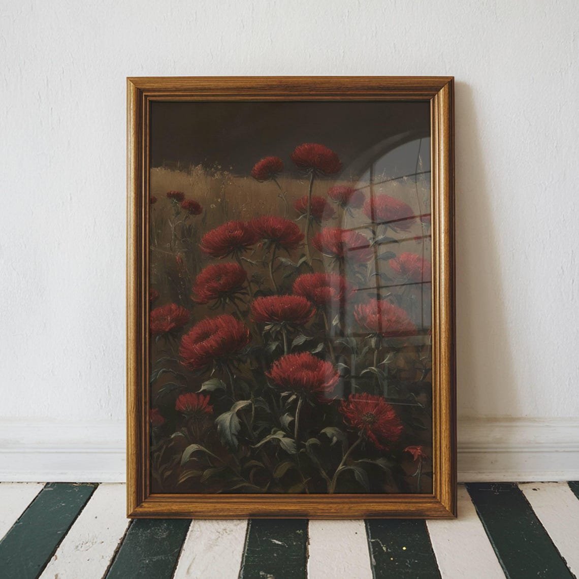 Deep Red Dahlia Bloom Close-Up Moody Floral Painting Wall Poster