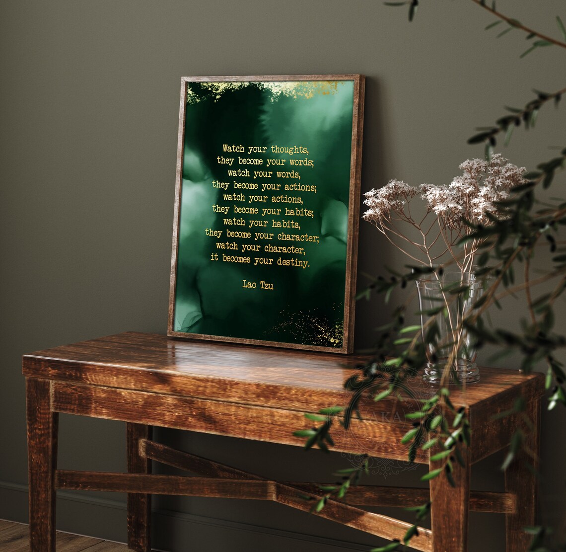 Lao Tzu Watch Your Thoughts Quote Green Watercolor Gold Foil Poster - Image 5