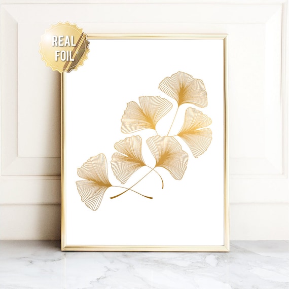 Ginkgo Leaf Gold Botanical Art Print, Modern Decor