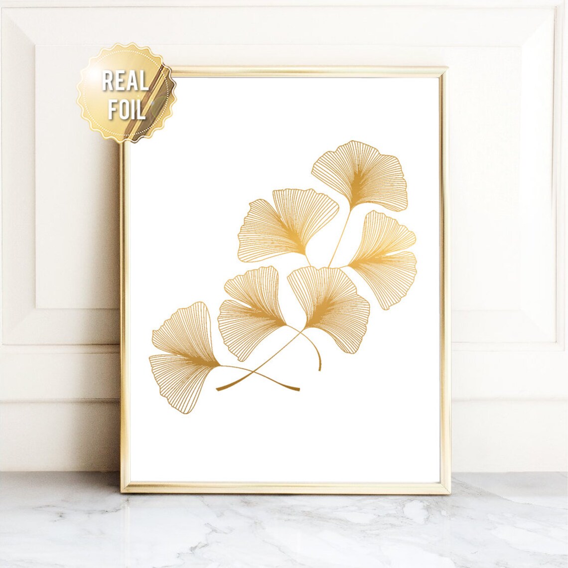 Ginkgo Leaf Gold Botanical Art Print, Modern Decor