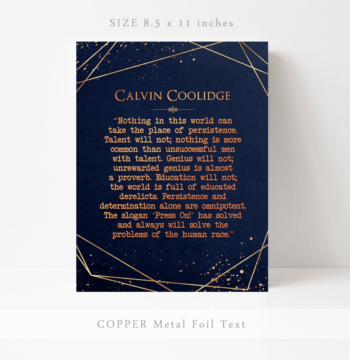 Calvin Coolidge Persistence Quote Navy Gold Geometric Lines Poster - Image 3