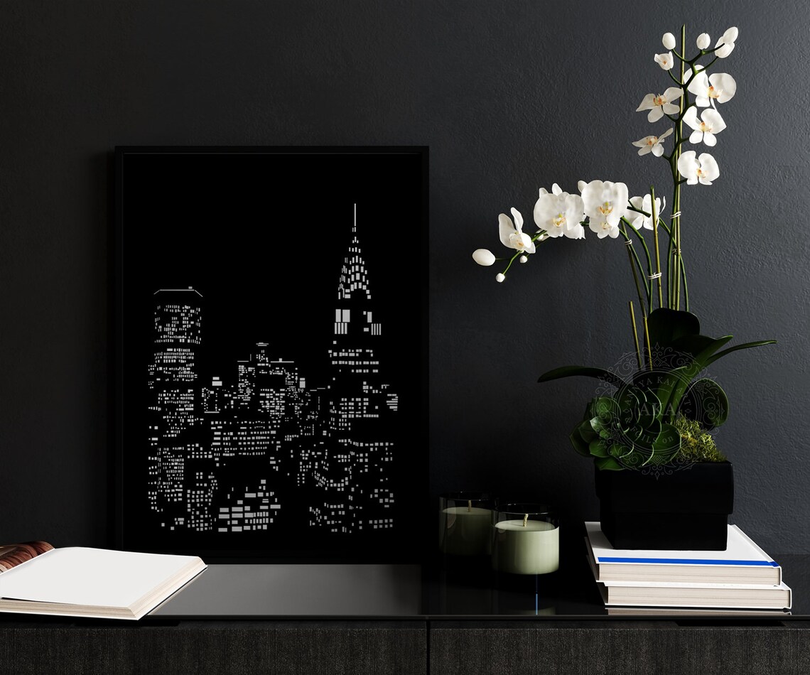New York City Manhattan Night Skyline Black White Minimalist Art Print - Image 3