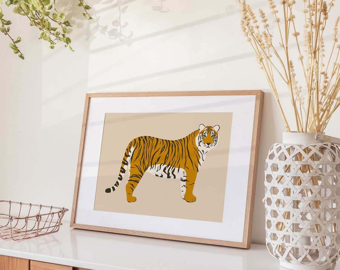 Abstract Standing Tiger Illustration Neutral Beige Safari Poster - Image 2