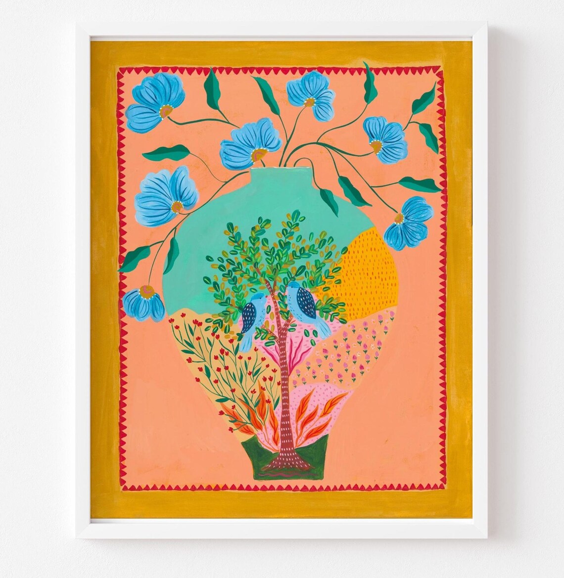 Blue Birds Folk Art Print Flowering Tree Pair of Birds Framed Wall Art