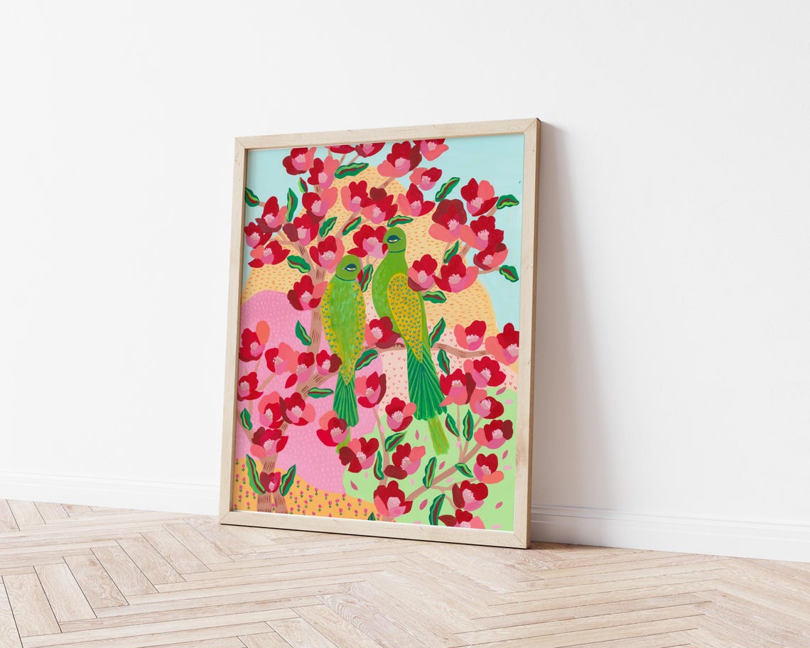 Green Parrots in Pink Blossom Tree Folk Style Framed Art Print - Image 2