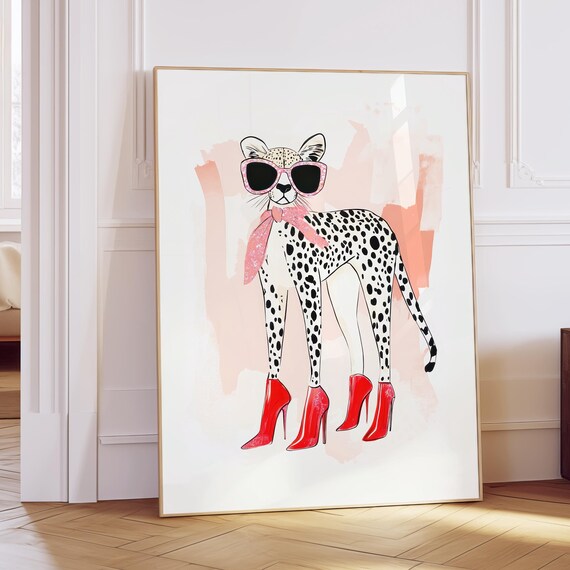 Cheetah Red High Heels Sunglasses Fashion Illustration Preppy Art Print Poster
