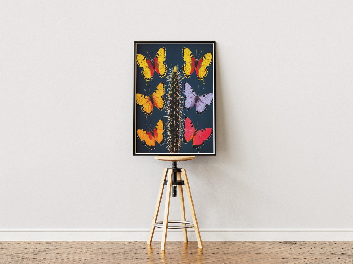Six Colorful Butterflies Around Green Cactus Dark Teal Art Print - Image 2