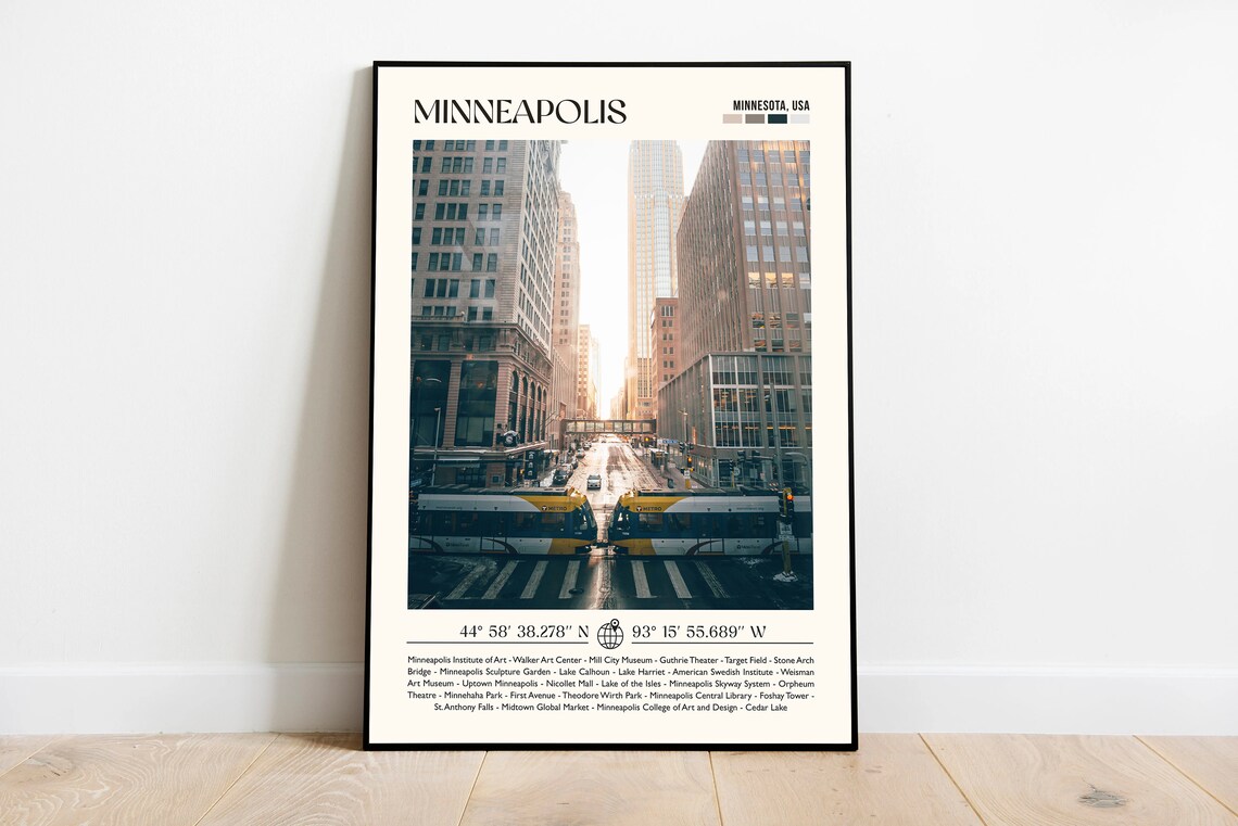 Minneapolis Minnesota Photo Travel Poster Downtown Street with Light Rail