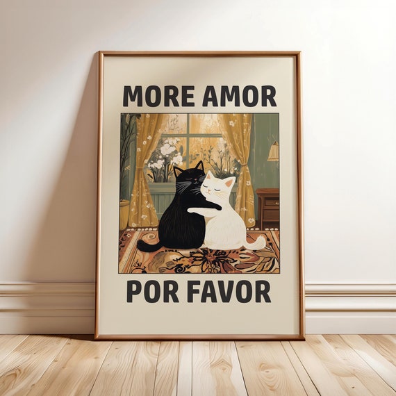 Cat Love Poster More Amor Por Favor Print Minimalist Cats Wall Art Retro Funny Cute Optional Frame