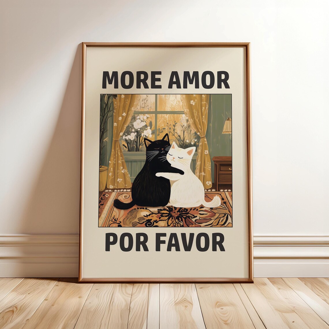 More Amor Por Favor Cozy Cuddling Cats Golden Curtains Poster