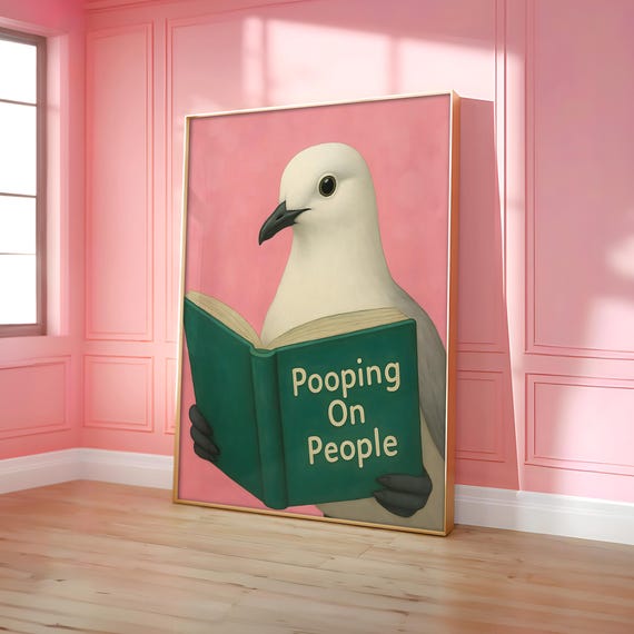 Funny Bathroom Print Pigeon Pooping On People Book Poster Toilet Wall Art Decor Humorous Prints Optional Frame
