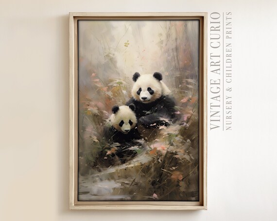 Panda Mother and Cub Soft Pastel Nursery Children Animal Art Poster